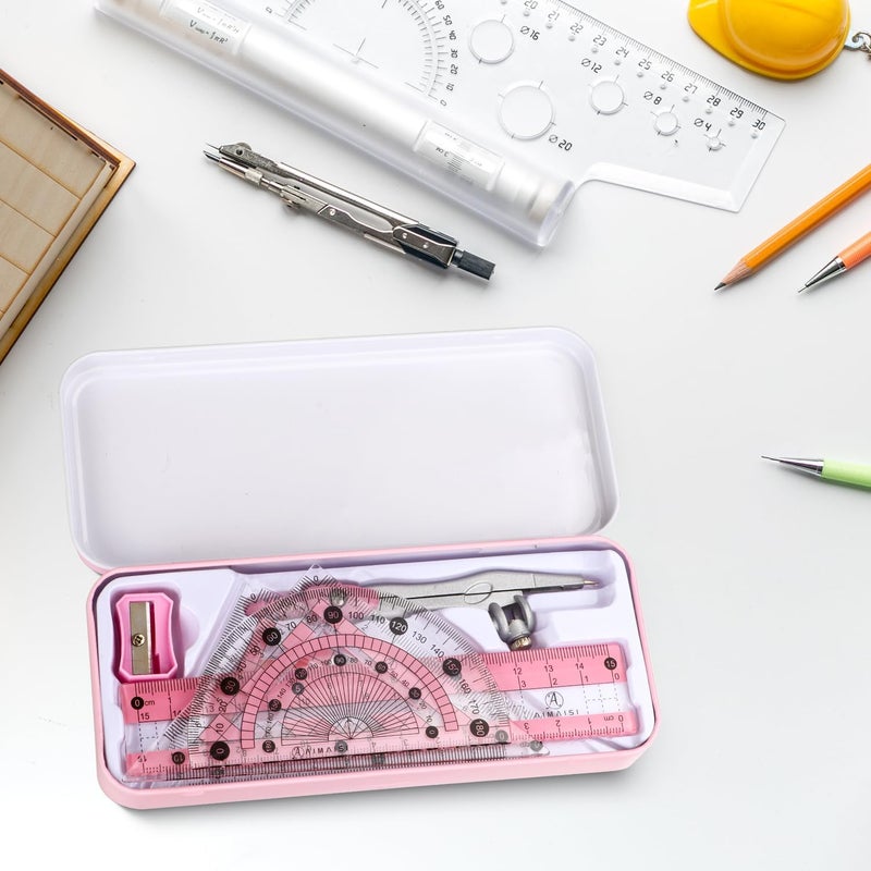 Arcjunys Compass Geometry Tool Protractor and Compass Set with Metal Box Drawing Compass with Rulers Math Compass Kit for Class Supplies and School 8 Piece - Image 3